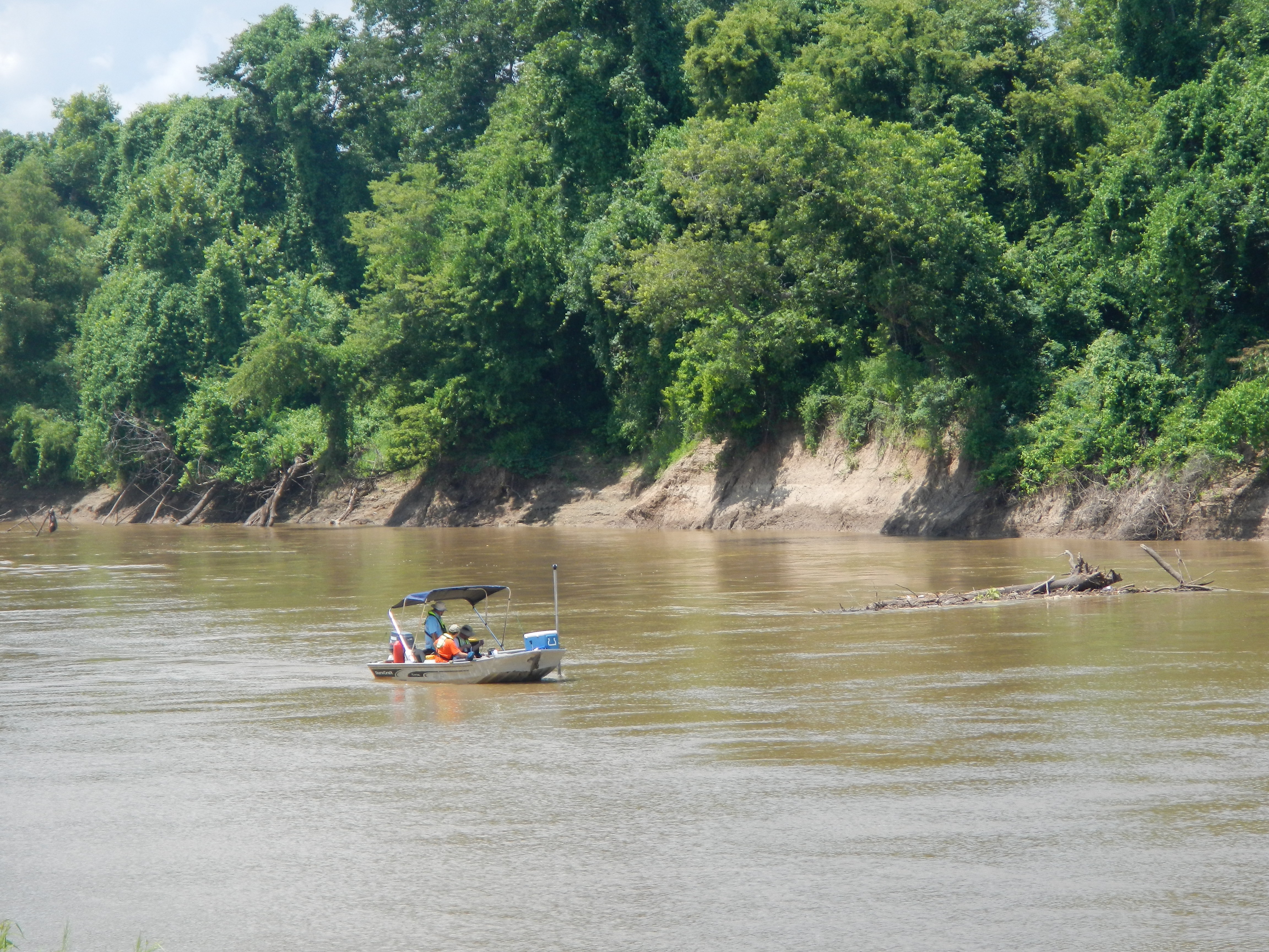 Waterborne resistivity profiling in progress on the Tallahatchie River, Leflore County, Mississippi.